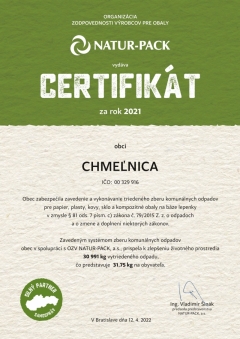 Certifikát obci Chmeľnica
